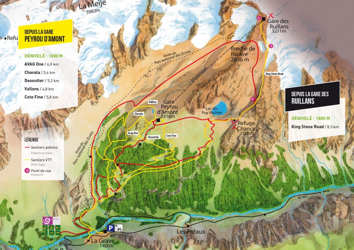 Plan des itinéraires VTT La Grave